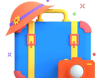 Colorful Travel Items Blue Suitcase Yellow Straps Orange Camera Hat With Purple Flower 3d model