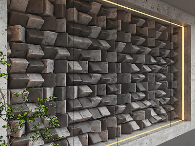 Rustic Gray Stone Wall Design With Yellow LED Strip Lighting And Green Plants 3d model