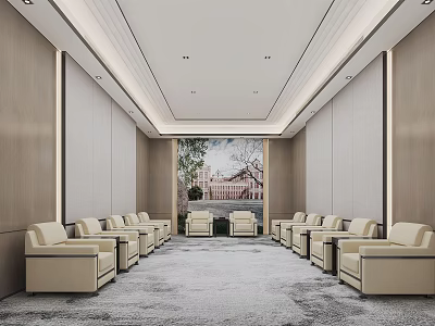 Modern Hotel Public Lounge Area with Beige Armchairs Central Carpet and Background Painting 3d model