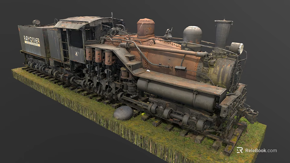 Old Rusty Steam Train on Grass Covered Tracks with Multiple Chimneys and Mechanical Parts 3d model 