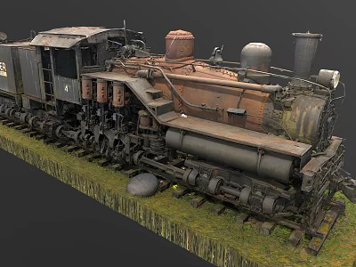 Old Rusty Steam Train on Grass Covered Tracks with Multiple Chimneys and Mechanical Parts 3d model