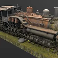 Old Rusty Steam Train on Grass Covered Tracks with Multiple Chimneys and Mechanical Parts