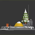 Winter Outdoor Camp Scene With Snowy Tree Yellow Tent Campfire And Signpost