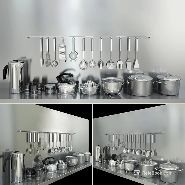 Stainless Steel Kitchen Cooking Utensils Hanging On Rack With Various Pots And Containers 3d model 
