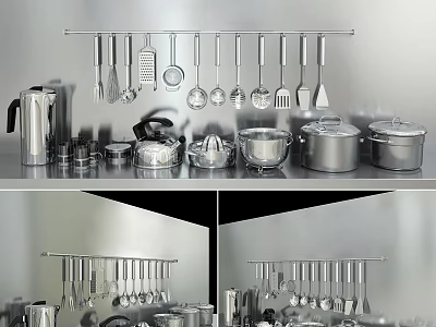 Stainless Steel Kitchen Cooking Utensils Hanging On Rack With Various Pots And Containers 3d model