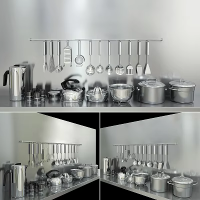 Stainless Steel Kitchen Cooking Utensils Hanging On Rack With Various Pots And Containers 3d model