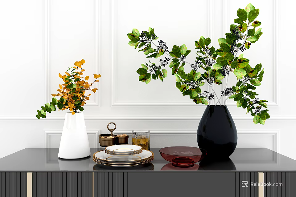 Elegant Tableware Combination With Vases Plants Gold Tray Cups Plates Red Bowl On Black Tabletop 3d model 