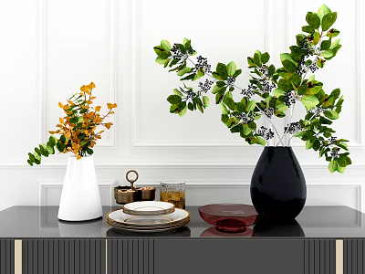 Elegant Tableware Combination With Vases Plants Gold Tray Cups Plates Red Bowl On Black Tabletop 3d model