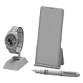 Modern Daily Living Essentials With Watch Smartphone Pen And Transparent Stand