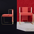 Modern Red Upholstered Dining Chairs With Gold Frame Against Blue And Red Walls