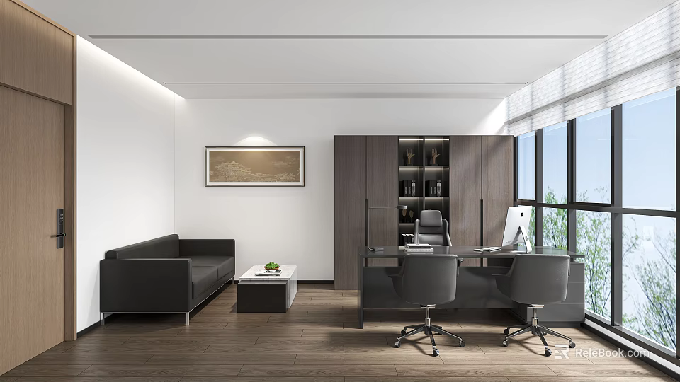 Modern Office Interior With Sofa Desk Chairs Bookshelf And Large Windows 3d model