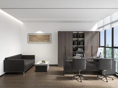 Modern Office Interior With Sofa Desk Chairs Bookshelf And Large Windows 3d model