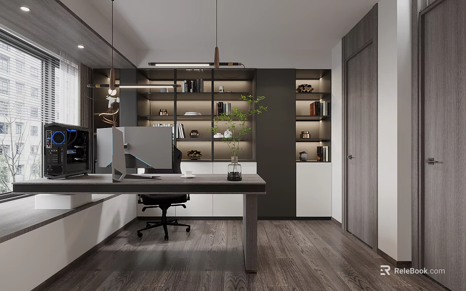 Modern Study Room Interior With Desk Computer Bookshelves And Plant 3d model