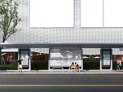 Modern Road Facility Bus Shelter With Canopy Seating Information Map And Trees 3d model
