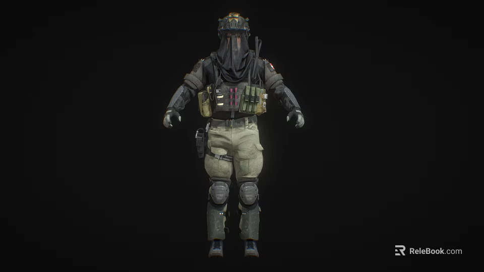 Game Movie Character In Tactical Gear With Helmet Protective Vest And Knee Pads 3d model 