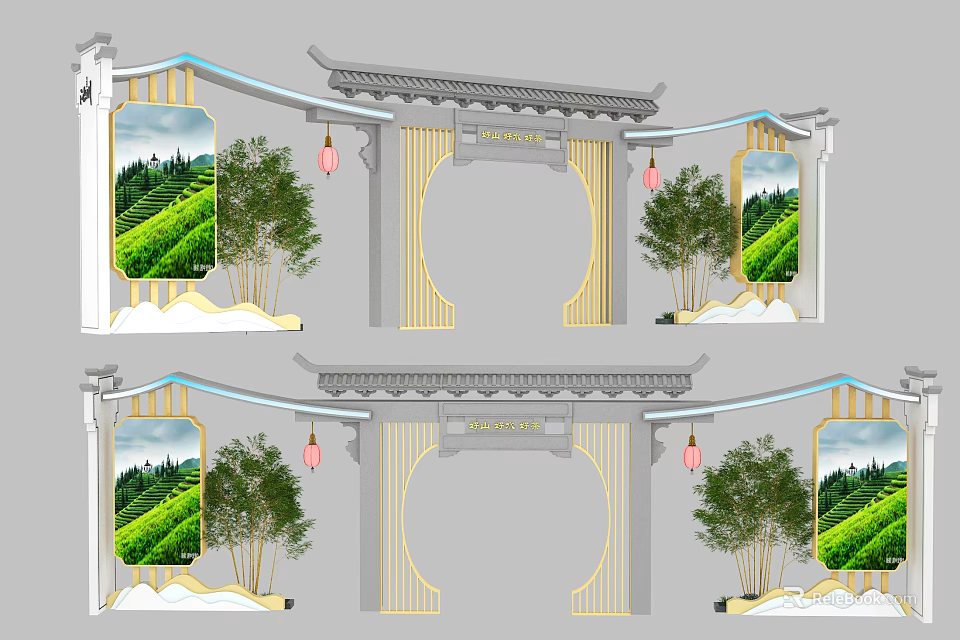 Chinese Style Archway With Gray Roof Golden Frame Lanterns Trees And Tea Garden Paintings 3d model 