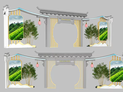 Chinese Style Archway With Gray Roof Golden Frame Lanterns Trees And Tea Garden Paintings 3d model