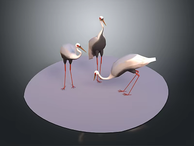 Three White Cranes Standing on Circular Platform With Dark Background Scene 3d model