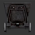 Rustic Metal Cart With Square Bucket And Wheels On Dark Reflective Surface
