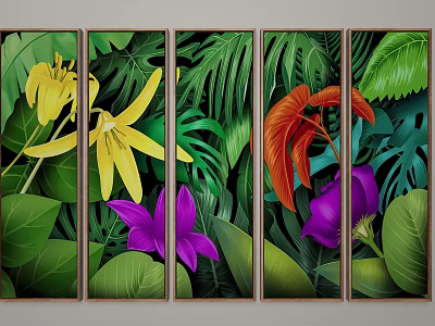Vibrant Botanical Plant Paintings With Tropical Green Leaves And Colorful Flowers 3d model