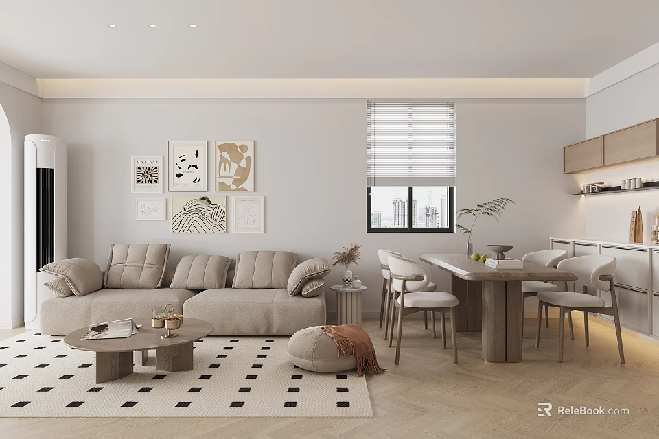 Modern Living Dining Room Interior With Beige Sofa Coffee Table Geometric Rug And Wall Art 3d model 