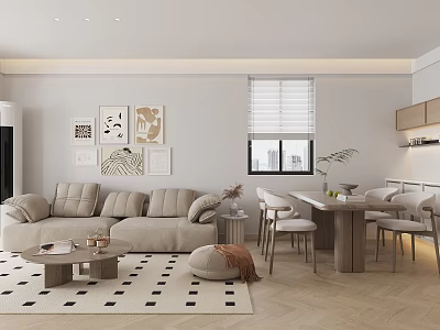 Modern Living Dining Room Interior With Beige Sofa Coffee Table Geometric Rug And Wall Art 3d model