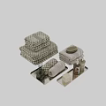 Bathroom Accessories With Checkered Towels Bath Brush Aromatherapy Bottles Soap On Metal Trays