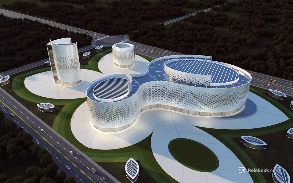Modern Stadium Building Featuring Unique Curved Roof Solar Panels And Green Surroundings 3d model 