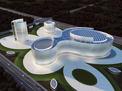 Modern Stadium Building Featuring Unique Curved Roof Solar Panels And Green Surroundings 3d model