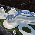 Modern Stadium Building Featuring Unique Curved Roof Solar Panels And Green Surroundings