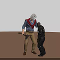 Two Men Interacting One Holding Axe With Red Scarf On Brown Background