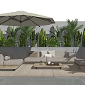 Comfortable Outdoor Sofa Set With Sunshade Umbrella Green Plants And Wooden Coffee Table
