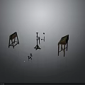Three Wooden Furniture Shelves And Stands On Gray Background With Reflective Floor