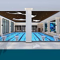 Indoor Swimming Pool With Blue Water Ocean Theme Ceiling Dolphin Shapes And Loungers