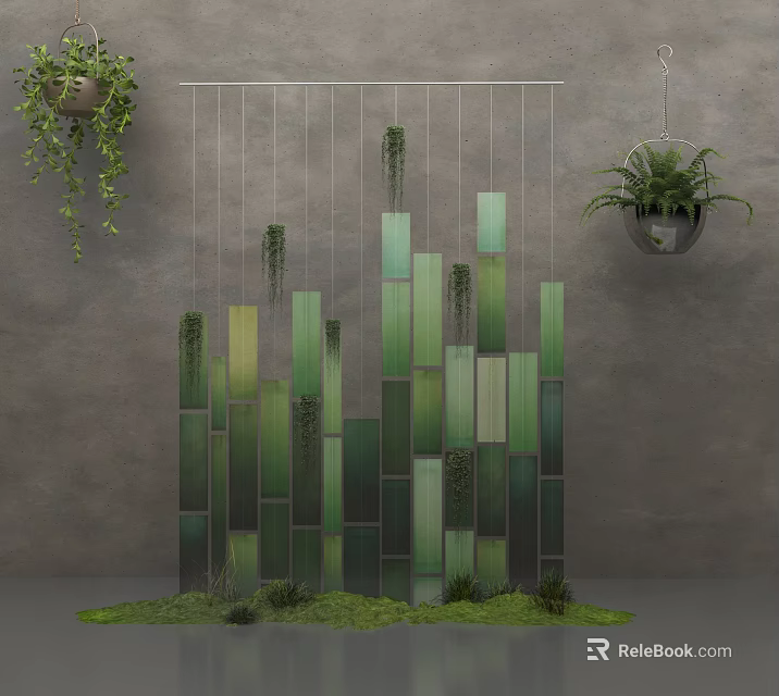 Floral Art Installation With Vertical Green Panels Hanging Plants And Mossy Base 3d model 