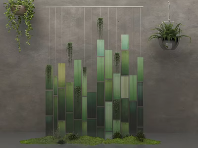 Floral Art Installation With Vertical Green Panels Hanging Plants And Mossy Base 3d model