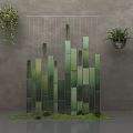 Floral Art Installation With Vertical Green Panels Hanging Plants And Mossy Base