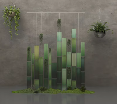 Floral Art Installation With Vertical Green Panels Hanging Plants And Mossy Base 3d model