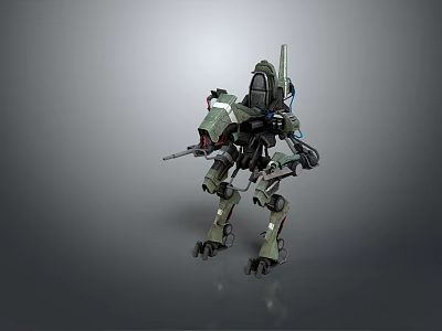 Green Mechanical Mech Game Movie Character With Weapon Cockpit And Legs Design 3d model