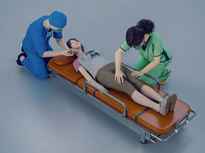 Medical Staff Assisting Patient Lying On Orange Stretcher During Emergency Care 3d model