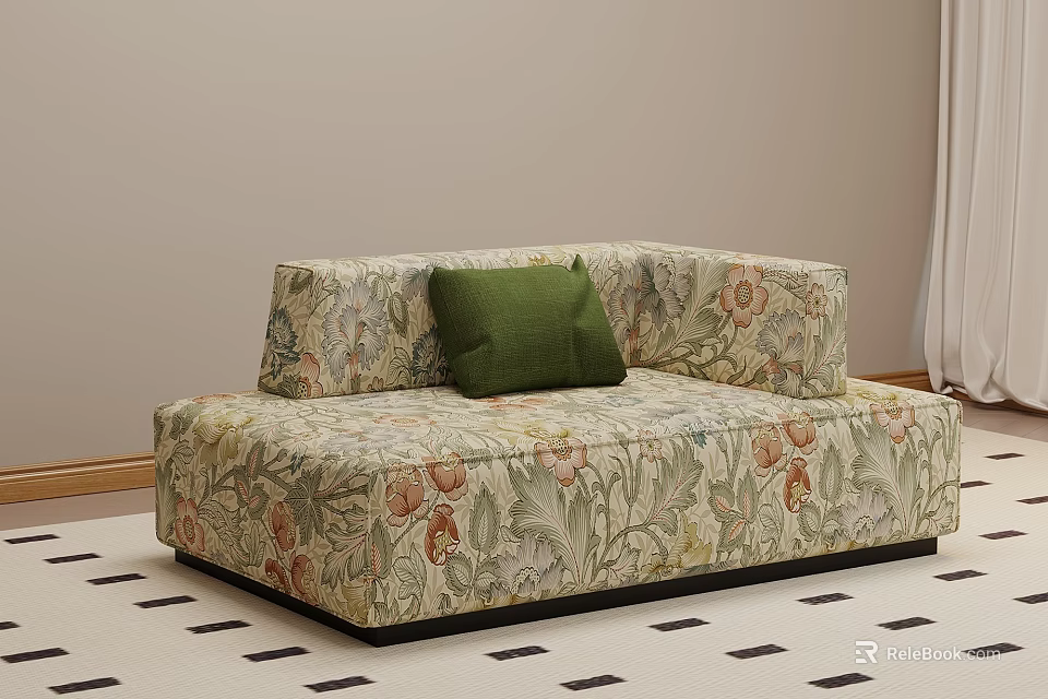 Elegant Chaise Lounge With Floral Pattern Upholstery And Green Cushion In Modern Living Room 3d model 