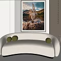 Modern Living Room Interior With White Curved Sofa Green Cushions Large Landscape Artwork And Cactus