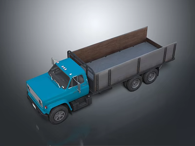 Blue Flatbed Truck With Wooden Cargo Bed And Gray Side Frames 3d model