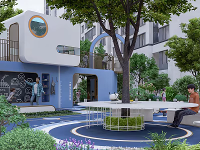 Community Garden Landscape With Blue White Building Circular Window Arched Door Large Tree Round Table 3d model