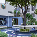Community Garden Landscape With Blue White Building Circular Window Arched Door Large Tree Round Table