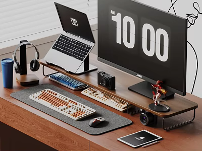 Modern Computer Setup With Laptop Monitor Mechanical Keyboards Headphones Camera And Mouse On Wooden Desk 3d model
