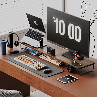 Modern Computer Setup With Laptop Monitor Mechanical Keyboards Headphones Camera And Mouse On Wooden Desk 3d model