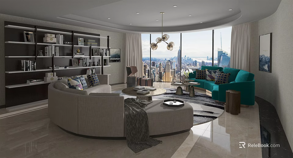 Modern Living Room With City View Curved Beige Sofa Teal Accent Chair And Bookshelves 3d model 