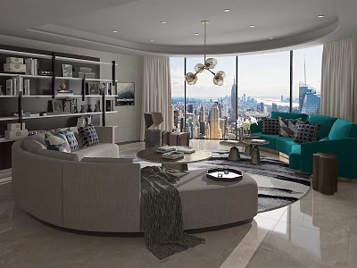 Modern Living Room With City View Curved Beige Sofa Teal Accent Chair And Bookshelves 3d model