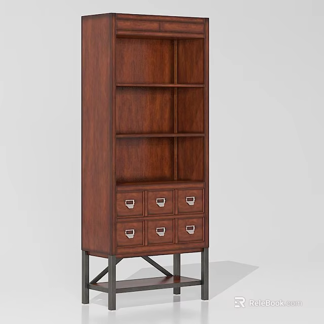 Dark Brown Wooden Bookcase With Open Shelves Six Drawers And Black Metal Legs 3d model 